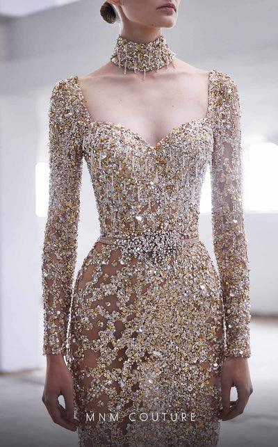 Illuminate the evening in this stunningly embroidered MNM Couture M1017 gown, accentuated with elegant beading and a graceful A-line silhouette. | Couture Shop LA