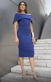 MNM Couture M1033 mini dress with wide cap sleeves, straight across neckline, and natural Chanel skirt.