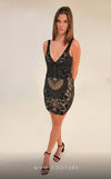 MNM Couture M1034 mini dress with spaghetti straps, deep V neckline, and low back cut.