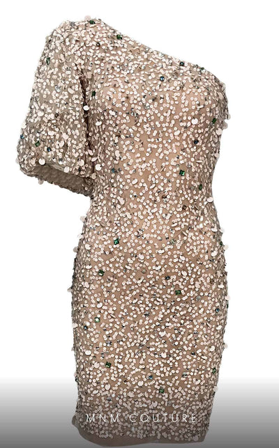 MNM Couture M1036A mini dress with one side puff sleeve, asymmetric design, and sequins. | Couture Shop LA