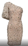 MNM Couture M1036A mini dress with one side puff sleeve, asymmetric design, and sequins.