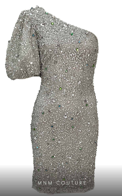 MNM Couture M1036A mini dress with one side puff sleeve, asymmetric design, and sequins. | Couture Shop LA