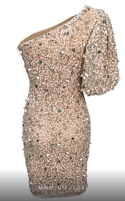 MNM Couture M1036A mini dress with one side puff sleeve, asymmetric design, and sequins. | Couture Shop LA