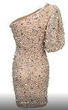 GLAM By MNM Couture M1036A mini dress with one side puff sleeve, asymmetric design, and sequins. | Couture Shop LA