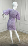 GLAM By MNM Couture M1037A mini dress with puff sleeves, V neckline, and sequined embellishments. | Couture Shop LA