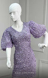 GLAM By MNM Couture M1037A mini dress with puff sleeves, V neckline, and sequined embellishments. | Couture Shop LA