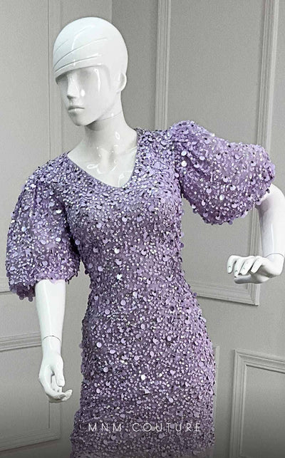 GLAM By MNM Couture M1037A mini dress with puff sleeves, V neckline, and sequined embellishments. | Couture Shop LA