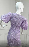GLAM By MNM Couture M1037A mini dress with puff sleeves, V neckline, and sequined embellishments. | Couture Shop LA