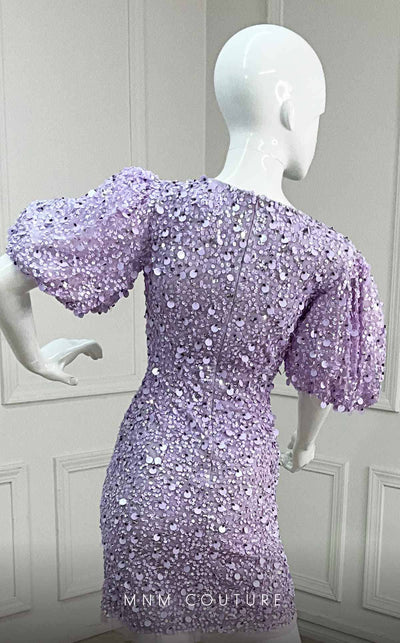 GLAM By MNM Couture M1037A mini dress with puff sleeves, V neckline, and sequined embellishments. | Couture Shop LA