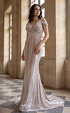 MNM Couture M1040 embroidered tulle back dress with double straps, off-shoulder style, and natural princess cut with a long train. | Couture Shop LA