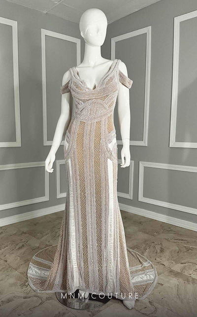 MNM Couture M1040 embroidered tulle back dress with double straps, off-shoulder style, and natural princess cut with a long train. | Couture Shop LA