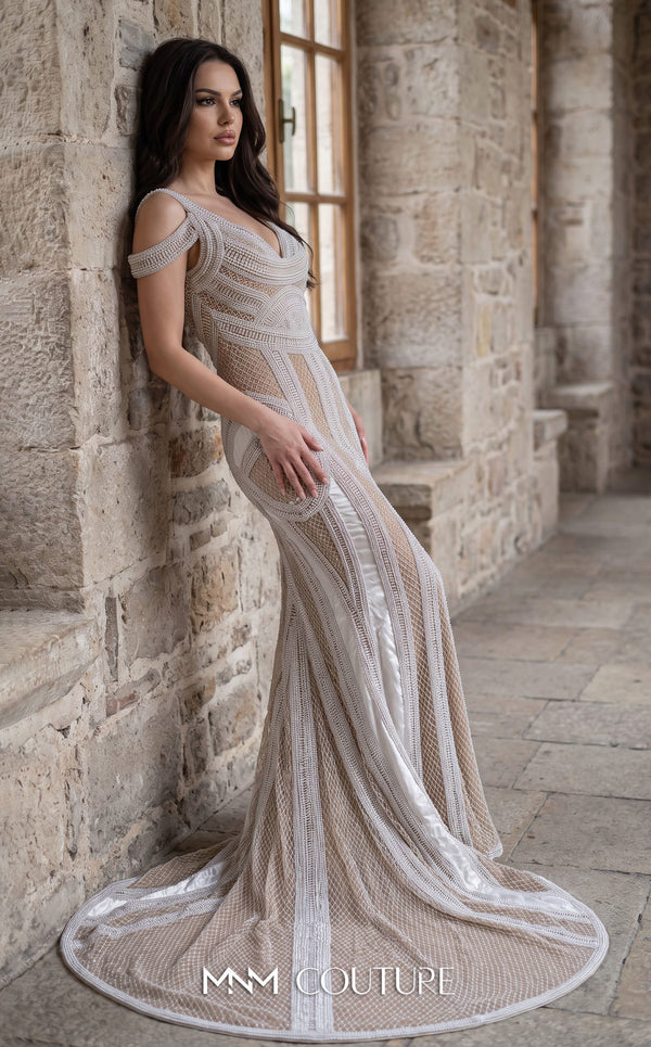 MNM Couture M1040 embroidered tulle back dress with double straps, off-shoulder style, and natural princess cut with a long train. | Couture Shop LA
