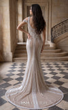 MNM Couture M1040 embroidered tulle back dress with double straps, off-shoulder style, and natural princess cut with a long train. | Couture Shop LA