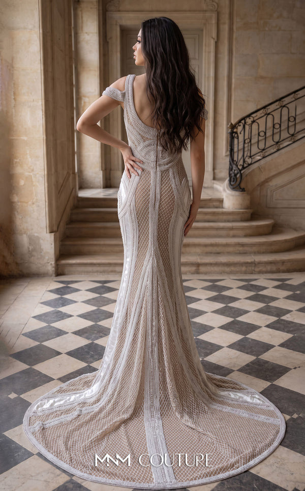 MNM Couture M1040 embroidered tulle back dress with double straps, off-shoulder style, and natural princess cut with a long train. | Couture Shop LA
