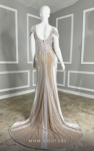 MNM Couture M1040 embroidered tulle back dress with double straps, off-shoulder style, and natural princess cut with a long train. | Couture Shop LA