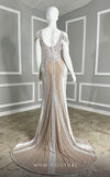 MNM Couture M1040 embroidered tulle back dress with double straps, off-shoulder style, and natural princess cut with a long train. | Couture Shop LA