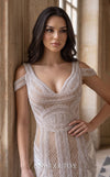 MNM Couture M1040 embroidered tulle back dress with double straps, off-shoulder style, and natural princess cut with a long train. | Couture Shop LA