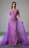 MNM Couture M1047 tulle gown with spaghetti straps, off-shoulder sleeves, and all-over embroidery.