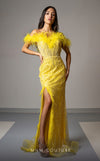 MNM Couture M1048 mesh gown with all-over embroidery, deep sweetheart neckline, plumage detailing, and high side slit.