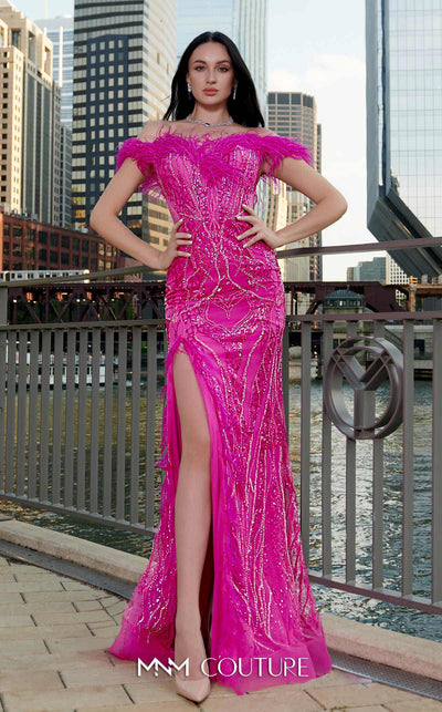 MNM Couture M1048 mesh� gown with all-over� embroidery, deep� sweetheart neckline, plumage detailing, and high side slit. | Couture Shop LA