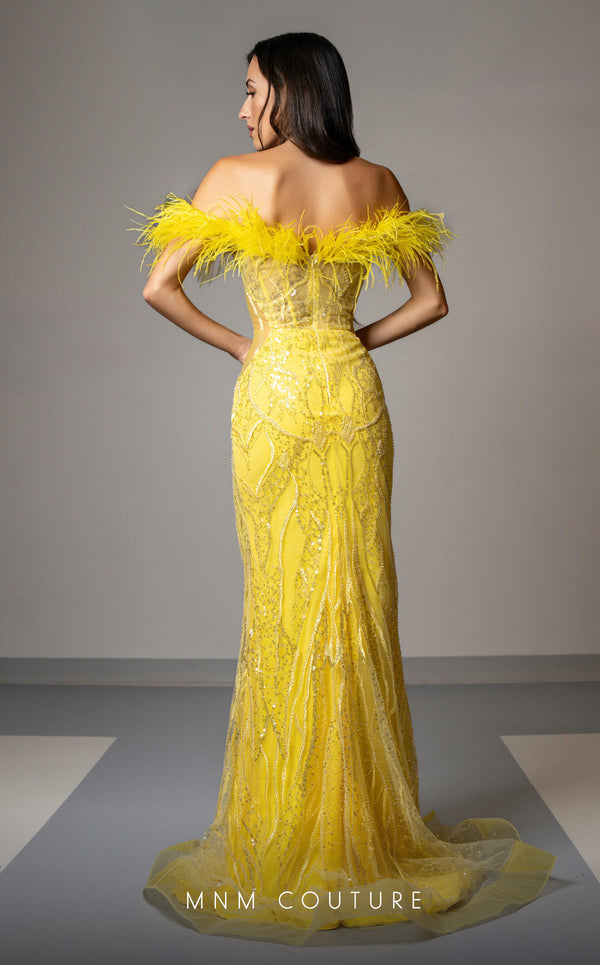 MNM Couture M1048 mesh� gown with all-over� embroidery, deep� sweetheart neckline, plumage detailing, and high side slit. | Couture Shop LA