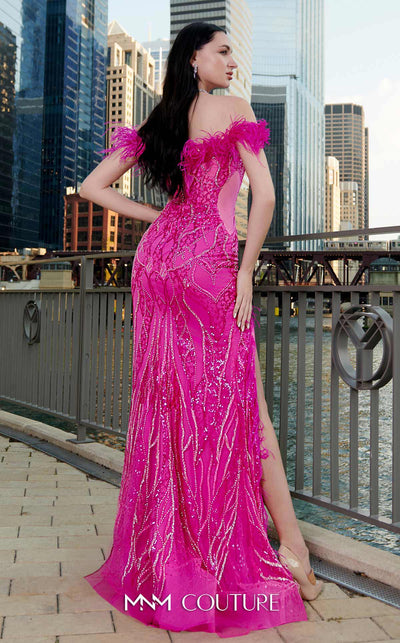 MNM Couture M1048 mesh� gown with all-over� embroidery, deep� sweetheart neckline, plumage detailing, and high side slit. | Couture Shop LA