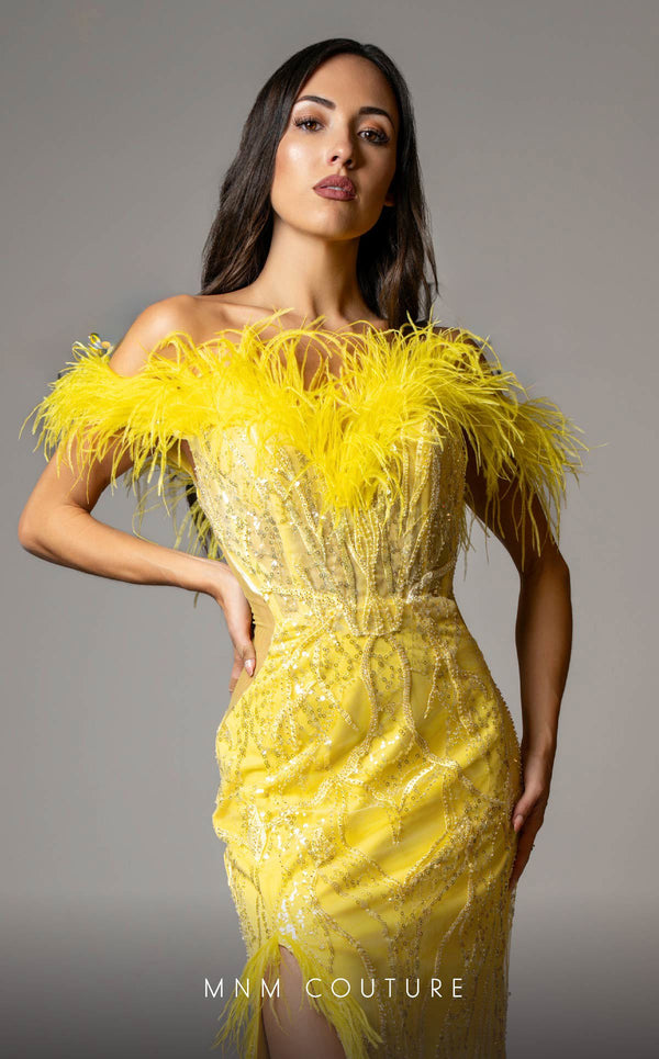 MNM Couture M1048 mesh� gown with all-over� embroidery, deep� sweetheart neckline, plumage detailing, and high side slit. | Couture Shop LA