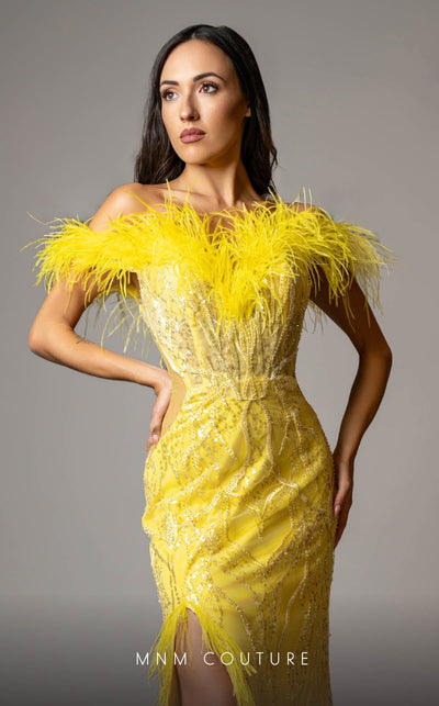 MNM Couture M1048 mesh� gown with all-over� embroidery, deep� sweetheart neckline, plumage detailing, and high side slit. | Couture Shop LA