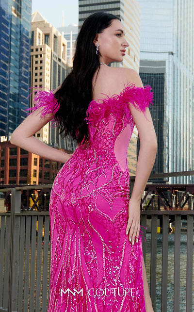 MNM Couture M1048 mesh� gown with all-over� embroidery, deep� sweetheart neckline, plumage detailing, and high side slit. | Couture Shop LA