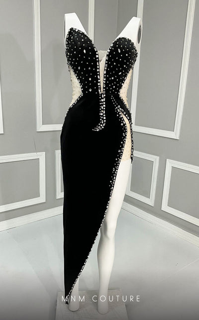 MNM Couture M1049 asymmetric velvet dress with diamond embroidery, unique mesh details, and natural fit. | Couture Shop LA