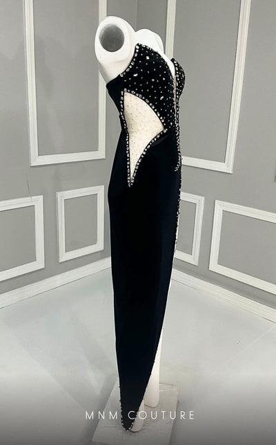 MNM Couture M1049 asymmetric velvet dress with diamond embroidery, unique mesh details, and natural fit. | Couture Shop LA