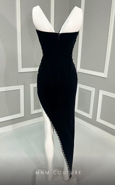 MNM Couture M1049 asymmetric velvet dress with diamond embroidery, unique mesh details, and natural fit. | Couture Shop LA