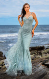 MNM Couture M1050 feather-detailed mermaid gown with beaded bodice and sweetheart neckline. | Couture Shop LA