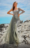 MNM Couture M1053 fully embroidered mesh gown with asymmetric design and natural fit.