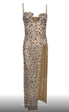 MNM Couture M1059 beaded mesh fitted dress with spaghetti straps and striking design.