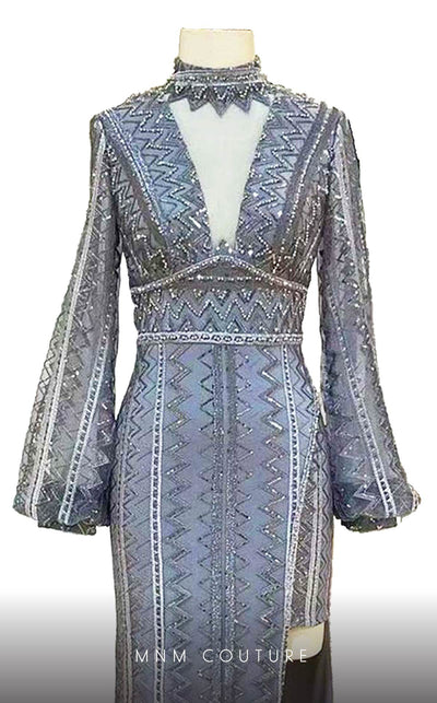 GLAM by MNM Couture M1060 embroidered column gown with trumpet sleeves and Queen Anne neckline