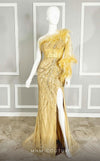 MNM Couture M1073 asymmetric column gown with one long sleeve, sequin and bead embroidery, plumage on the neckline, and a thigh-high slit. | Couture Shop LA