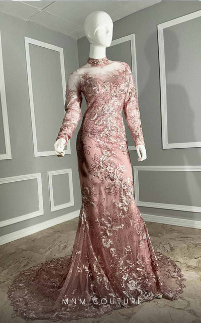 Elegant MNM Couture M1096 mermaid dress with long sleeves, illusion neckline, and intricate embroidery, showcasing sophistication and style. | Couture Shop LA