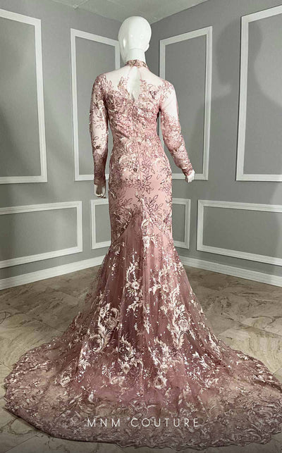 Elegant MNM Couture M1096 mermaid dress with long sleeves, illusion neckline, and intricate embroidery, showcasing sophistication and style. | Couture Shop LA