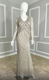 GLAM by MNM Couture M1099 embroidered column gown with train cut and long sleeves