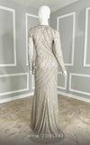 GLAM by MNM Couture M1099 embroidered column gown with train cut and long sleeves