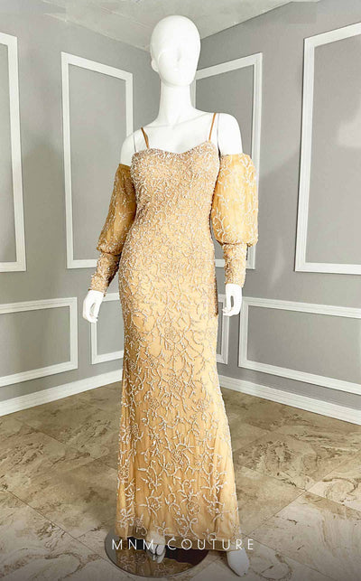 GLAM by MNM Couture M1101 lantern sleeve gown with sweetheart neckline and detailed train