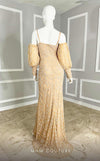 GLAM by MNM Couture M1101 lantern sleeve gown with sweetheart neckline and detailed train