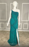 GLAM by MNM Couture M1102 asymmetric column gown with intricate beading and thigh-high slit