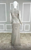 GLAM by MNM Couture M1103 V-neck column gown with embroidered long sleeves and train