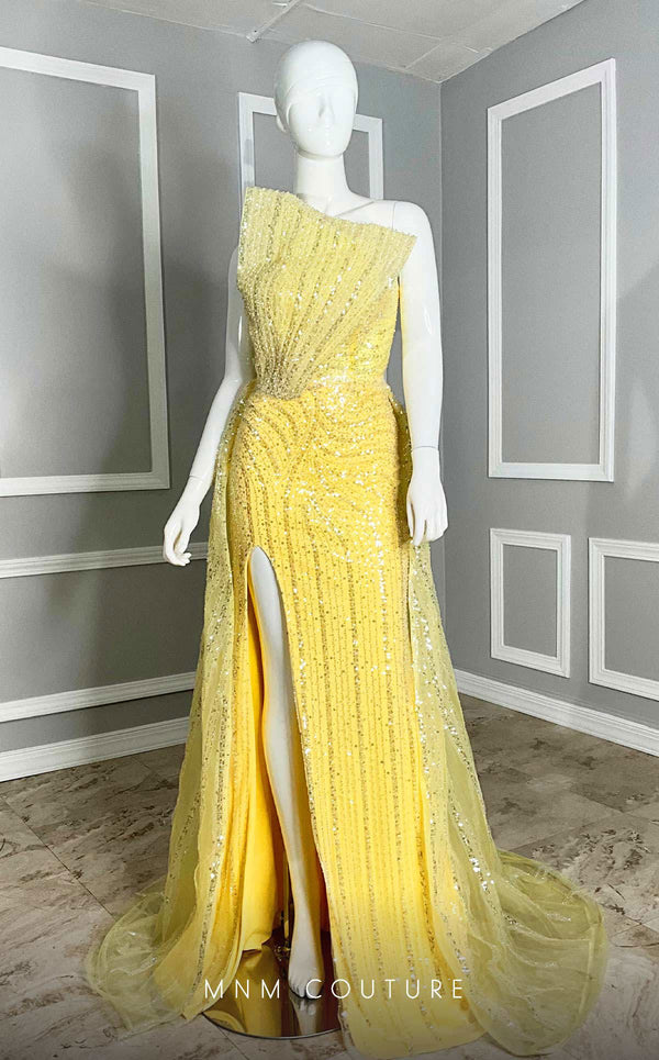 MNM Couture M1106 embroidered tulle� gown with straight neckline, beaded sash, and dramatic half bow. | Couture Shop LA