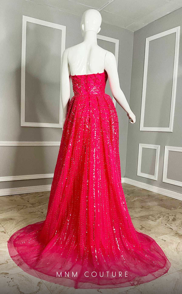 MNM Couture M1106 embroidered tulle� gown with straight neckline, beaded sash, and dramatic half bow. | Couture Shop LA