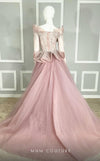 MNM Couture M1107 mauve off-the-shoulder gown with a pearl-embroidered corset, sweetheart neckline, and peplum details at the bust and waist. | Couture Shop LA