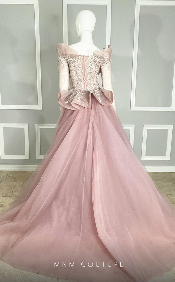 MNM Couture M1107 mauve off-the-shoulder gown with a pearl-embroidered corset, sweetheart neckline, and peplum details at the bust and waist. | Couture Shop LA