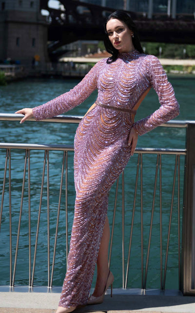 Discover unparalleled elegance with MNM Couture M1125 gown's beaded belt and stunning open back, perfect for making a grand entrance | Couture Shop LA